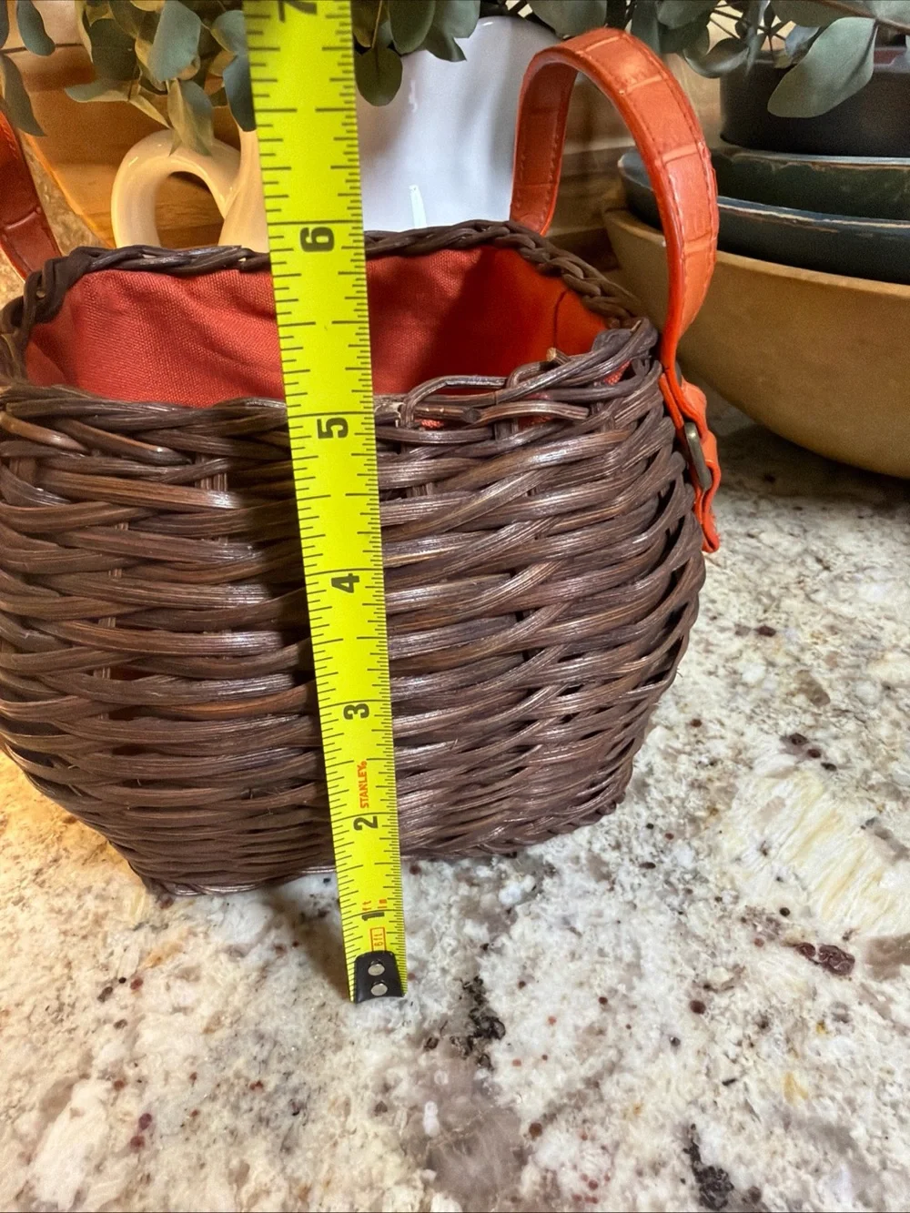 Wicker Basket Orange Cloth Lining Leather Straps Brass Hardware Small Decor